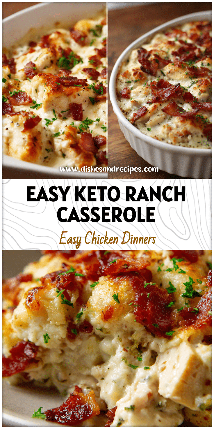 Creamy Keto Chicken Bacon Ranch Casserole baked with gooey cheese and crispy bacon topping.